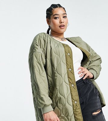 Noisy May Curve collarless onion quilted jacket in khaki-Green