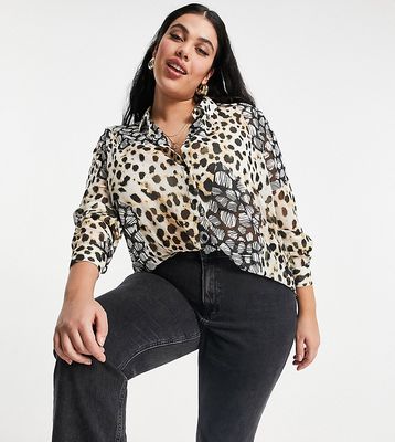 ASOS DESIGN Curve long sleeve soft shirt in mixed animal scarf print-Multi