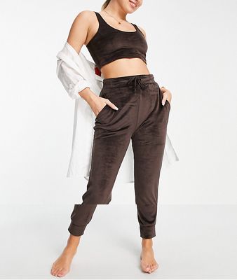 Brave Soul vienna velour lounge set with crop tank top in chocolate-Brown