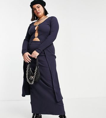 ASOS DESIGN Curve rib maxi cardigan with keyhole button in dark blue-Blues