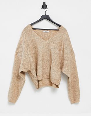 Mango v-neck sweater in camel-Neutral