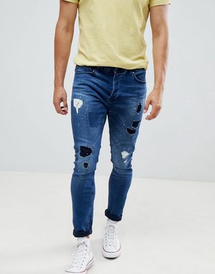 Only & Sons Jeans With Rip Repair Details In Tapered Fit-Blue