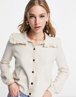 Vila cardigan with oversized collar and ruffle detail in beige-Neutral