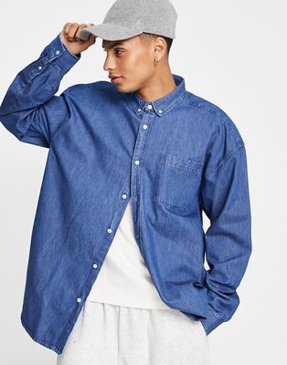 New Look long sleeve 90's oversized denim shirt mid blue-Blues