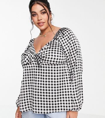 Simply Be blouse with bow front in black gingham-Multi