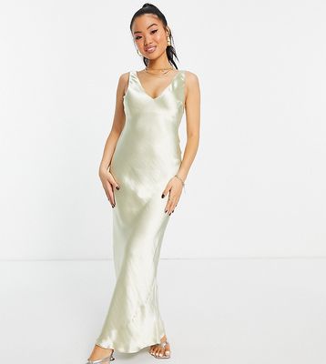 ASOS DESIGN Petite bias cut satin maxi slip dress with soft v neckline detail-Neutral