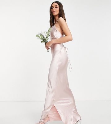 ASOS DESIGN Tall Bridesmaid cami maxi slip dress in high-shine satin with lace-up back in blush-Pink