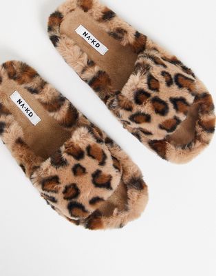 NA-KD fluffy slippers in leopard print-Brown