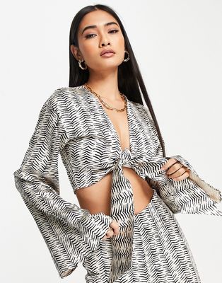 4th & Reckless tie front satin shirt in zebra print - part of a set-Multi