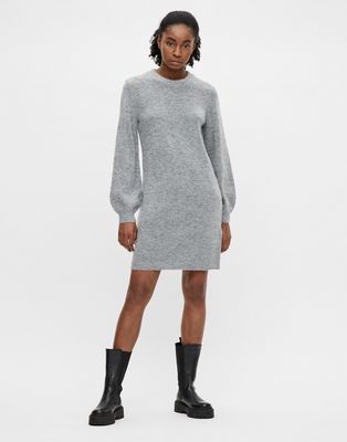 Object balloon sleeve knitted mini dress in gray-Grey