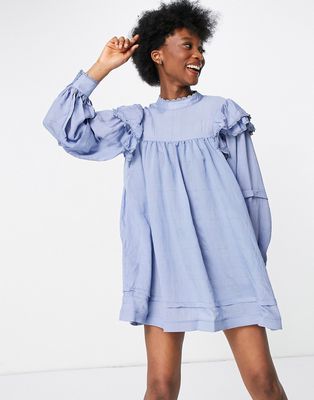 In The Style x Lorna Luxe ruffle shoulder puff sleeve smock dress in textured blue stripe-Multi