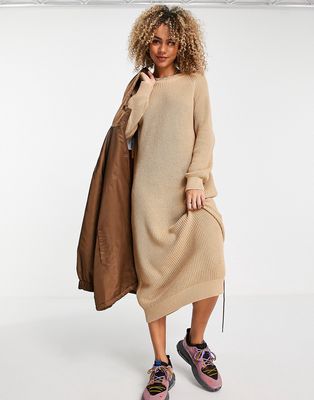 Noisy May side split knitted maxi dress in beige-Neutral