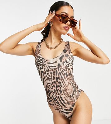 ASOS DESIGN Petite rib scoop swimsuit in leopard animal print-Multi