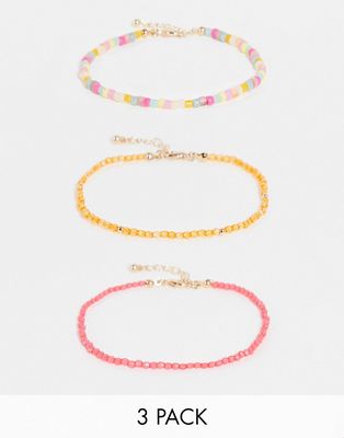 ASOS DESIGN pack of 3 anklets in fine mixed bead design-Multi