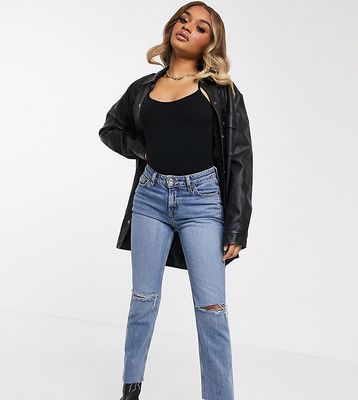ASOS DESIGN Petite mid rise vintage 'skinny' jeans in midwash with rips-Blues