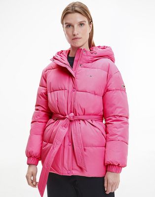 Tommy Jeans belted hooded padded jacket in pink