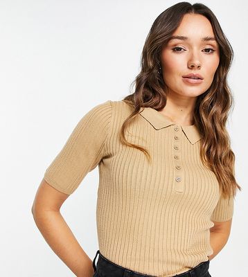 M Lounge fitted polo top in rib knit - part of a set-Brown
