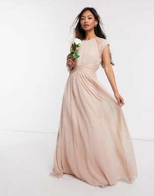 ASOS DESIGN Bridesmaid ruched bodice maxi dress with cap sleeve detail-Pink