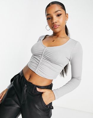 NA-KD X Pamela long sleeve top with ruched front in gray rib