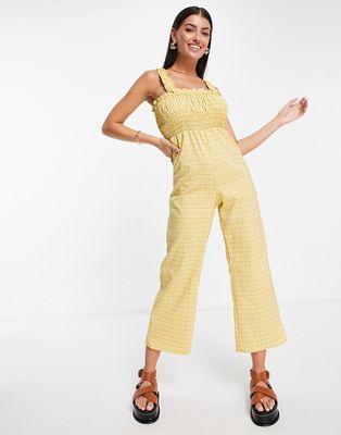 Fashion Union shirred waist wide leg jumpsuit in plaid-Yellow