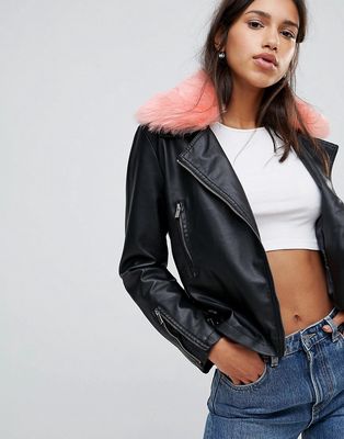 Influence Faux Fur Collar Biker Jacket With Buckles-Black