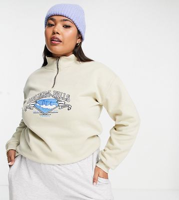 Daisy Street Plus relaxed funnel neck zip sweatshirt with Niagara Falls graphic-Neutral