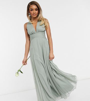 ASOS DESIGN Petite Bridesmaid ruched bodice drape maxi dress with wrap waist in olive-Green
