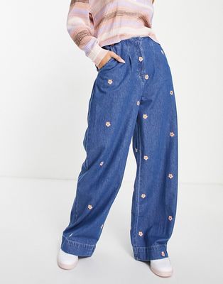 Native Youth high waisted wide leg jeans with flower embroidery - part of a set-Blues
