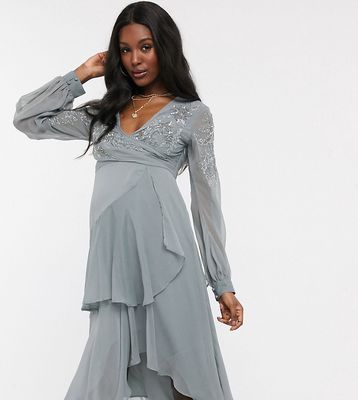 ASOS DESIGN Maternity embellished wrap waist midi dress with double layer skirt and long sleeve in dusty blue-Blues
