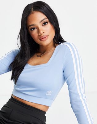 adidas Originals adicolor three stripe long sleeve top in blue with square neck-Blues