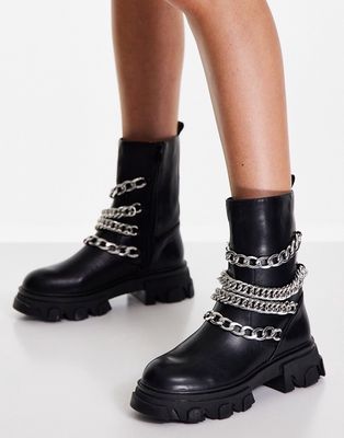 Public Desire Restrain chain detail chunky sole ankle boot in black