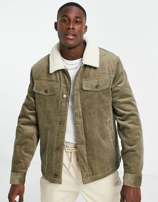 Topman corduroy jacket with teddy collar in olive-Green