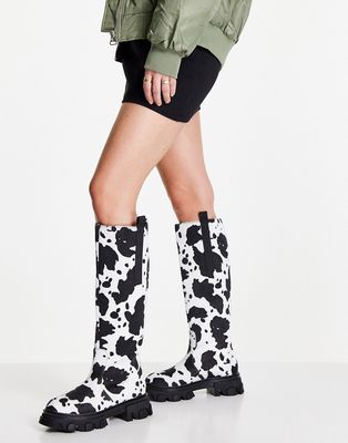 Public Desire Genius flat knee boots in cow print-Multi