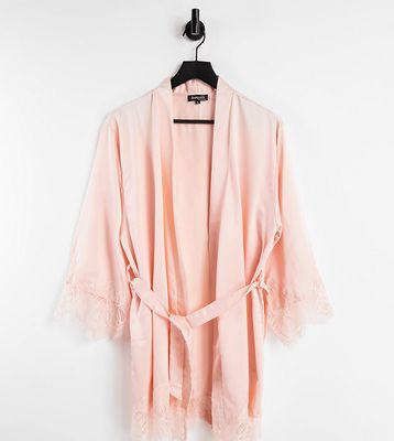Loungeable Petite satin robe with lace trim in pale pink-Blues