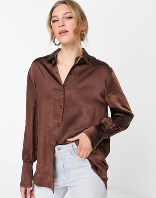 Pretty Lavish satin shirt in chocolate brown - part of a set