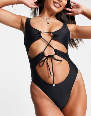 South Beach cut out tie up swimsuit in black