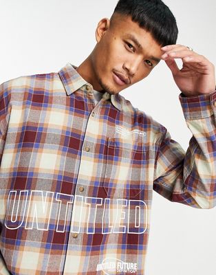 Topman oversize check shirt with chest print in stone and burgundy-Multi