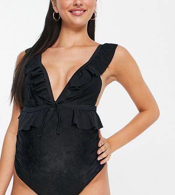 Peek & Beau Maternity Exclusive frill detail swimsuit in black eyelet