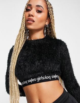 Les Girls Les Boys fluffy crop top with logo underband in black