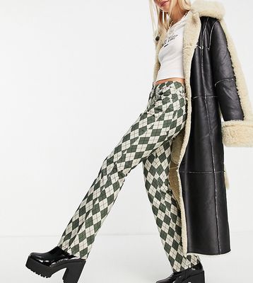 ASOS DESIGN Petite low rise longline flare pants in forest green argyle
