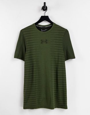 Under Armour seamless back wordmark t-shirt in khaki-Green