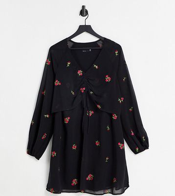 ASOS DESIGN Maternity nursing ruched front balloon sleeve mini dress with all over embroidery in black