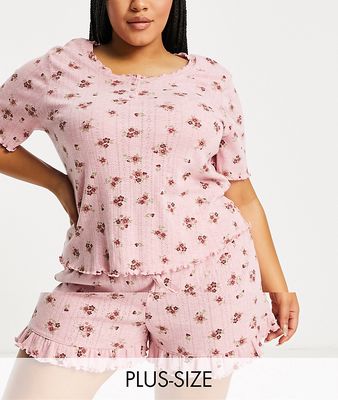 River Island Plus frill hem floral pajama top and shorts set in pink