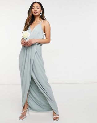 TFNC bridesmaid satin halterneck top maxi dress in sage-Green