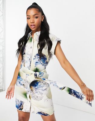 Monki mini dress with tie waist in abstract space print-Multi