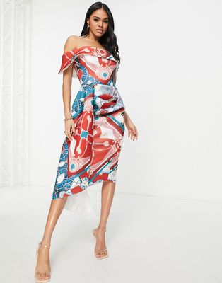 ASOS DESIGN bardot pencil dress with sash in regal print-Multi