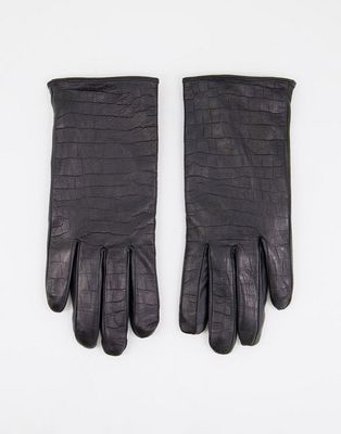 Barney's Originals real leather gloves in mock croc-Black