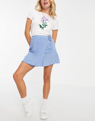 Pull & Bear wrap skirt with frill in blue polka dot-Blues