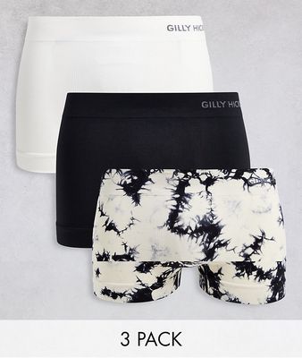 Gilly Hicks 3 pack logo waistband seamless trunks in white/black plain and black acid wash-Multi
