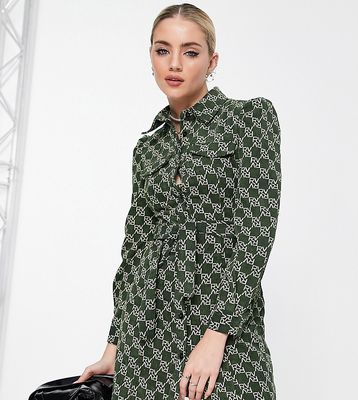 Reclaimed Vintage inspired cord shirt dress in green logo print